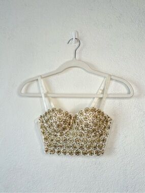 bebe White Bustier Crop Top with Gold Sequin Floral Embellishment